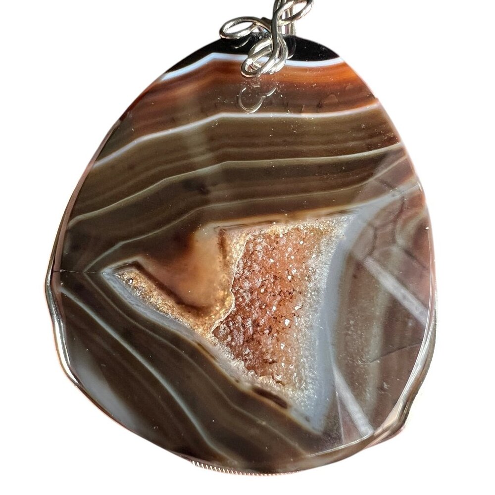 Banded Agate Pendant With Druzy Center Wire Wrapped Handmade Large